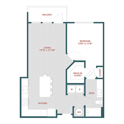 Floor plan for 1 bed, 1 bath, 769 sqft